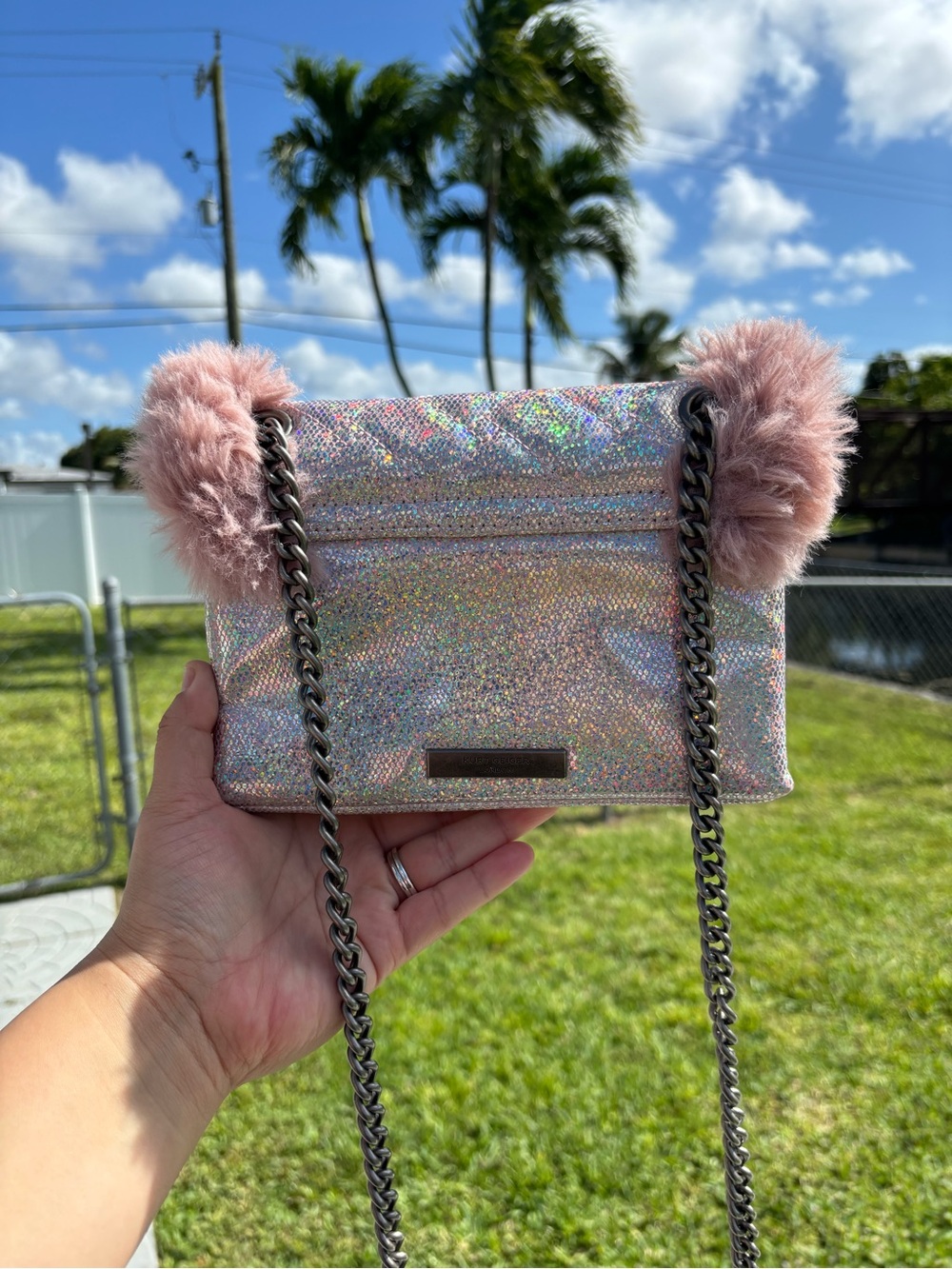 KURT GEIGER Holographic Pink Faux-Fur Accent Crossbody Bag